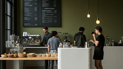 Bancone di un caffè moderno affollato con baristi al lavoro e clienti che ordinano