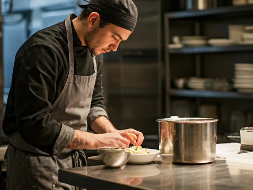 Chef préparant de la nourriture dans un environnement de cuisine commerciale animé