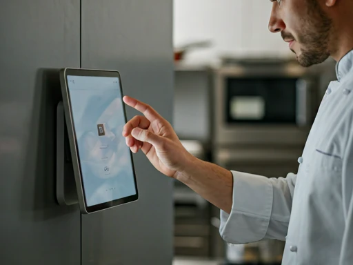Close-up di uno chef che interagisce con un elegante tablet KDS montato a parete in una cucina moderna, evidenziando l'integrazione senza soluzione di continuità nel flusso di lavoro